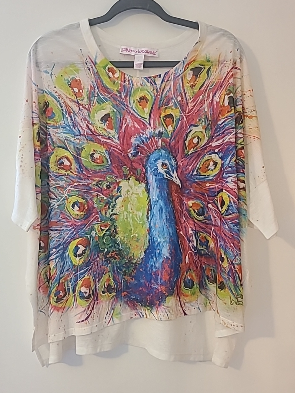 Leoma Lovegrove Wearable Art Peacock Graphic Tunic Top Oversized Boxy